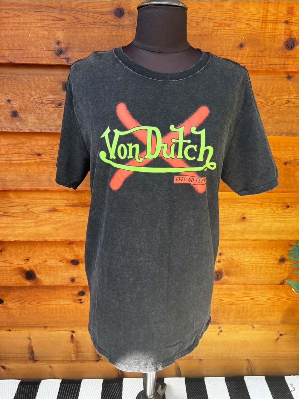 Von Dutch Black Tee with Neon Green Logo and Red Accents